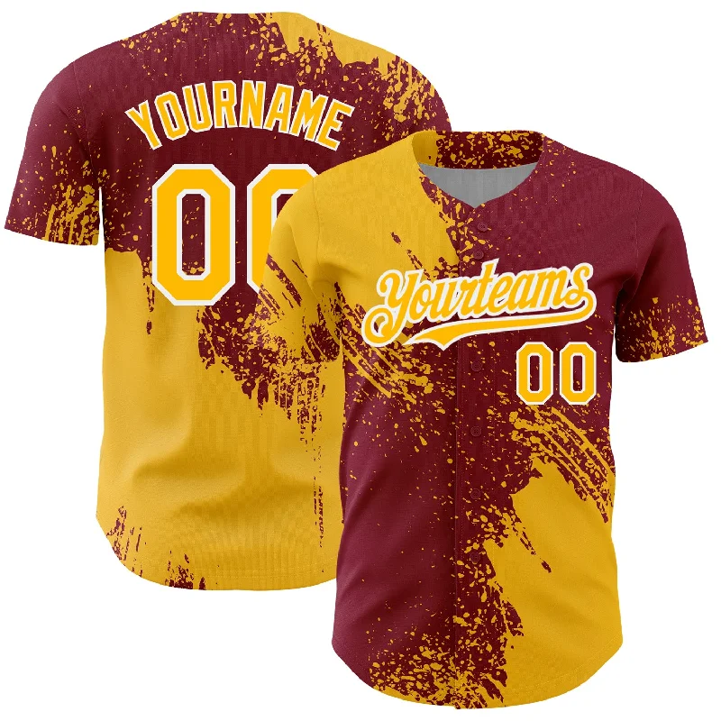 Personalized Baseball Jerseys For Special Guests-Custom Gold Crimson-White 3D Pattern Design Abstract Brush Stroke Authentic Baseball Jersey