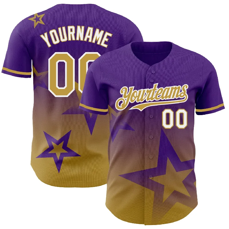 Custom Baseball Jerseys For Major Events-Custom Purple Old Gold-White 3D Pattern Design Gradient Style Twinkle Star Authentic Baseball Jersey