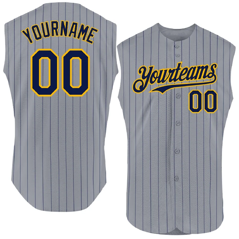 Customizable Baseball Jerseys-Custom Gray Navy Pinstripe Gold Authentic Sleeveless Baseball Jersey