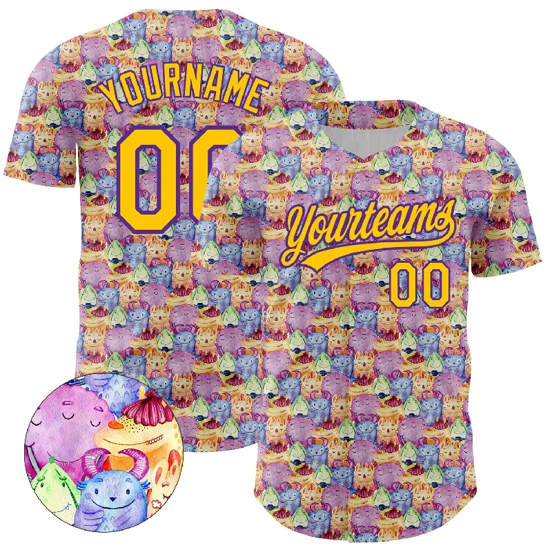 Custom Baseball Jerseys For Sponsorship Events-Custom Pink Yellow-Purple 3D Pattern Design Animal Funny Monster Authentic Baseball Jersey