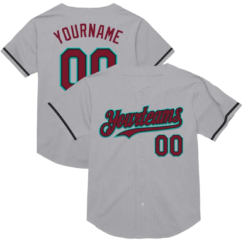 Custom Baseball Jerseys For Special Requests-Custom Gray Crimson Black-Aqua Mesh Authentic Throwback Baseball Jersey