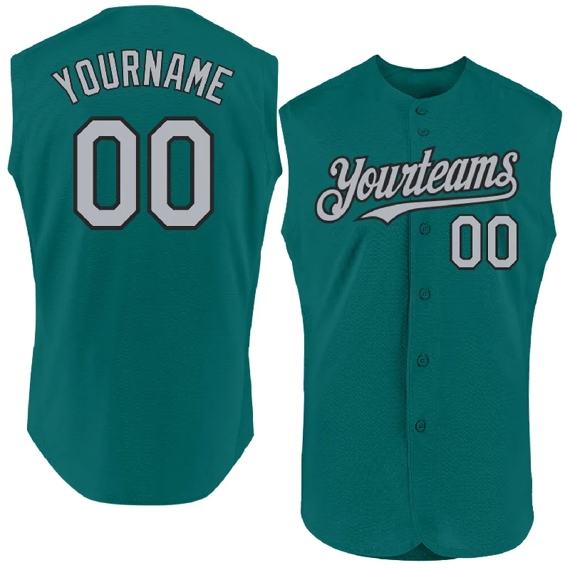 Custom Baseball Jerseys For School Sports Events-Custom Teal Gray-Black Authentic Sleeveless Baseball Jersey