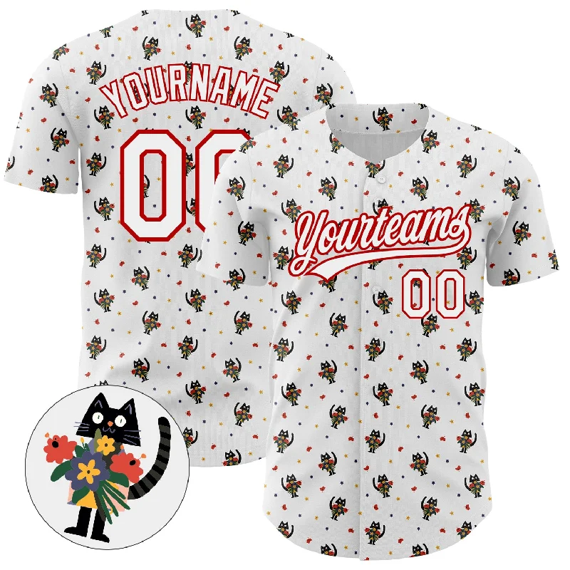 Personalized Baseball Jerseys For Fundraiser Auctions-Custom White Red 3D Pattern Design Animal Cat Authentic Baseball Jersey