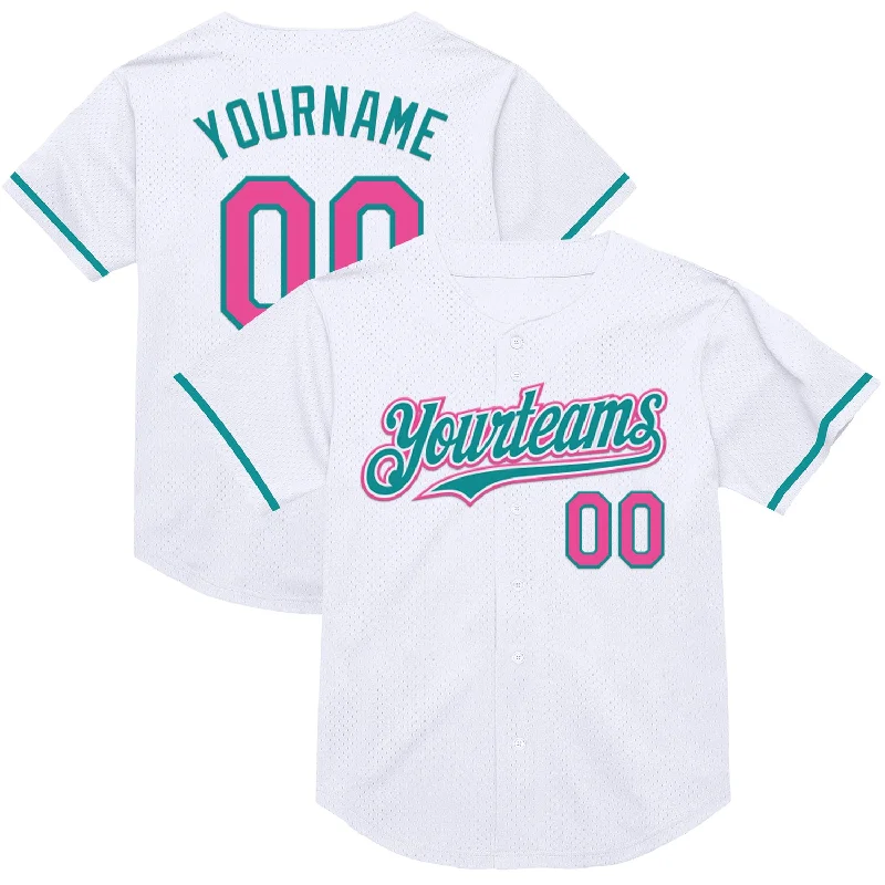 Custom Baseball Jerseys With Bold Graphics-Custom White Pink-Teal Mesh Authentic Throwback Baseball Jersey