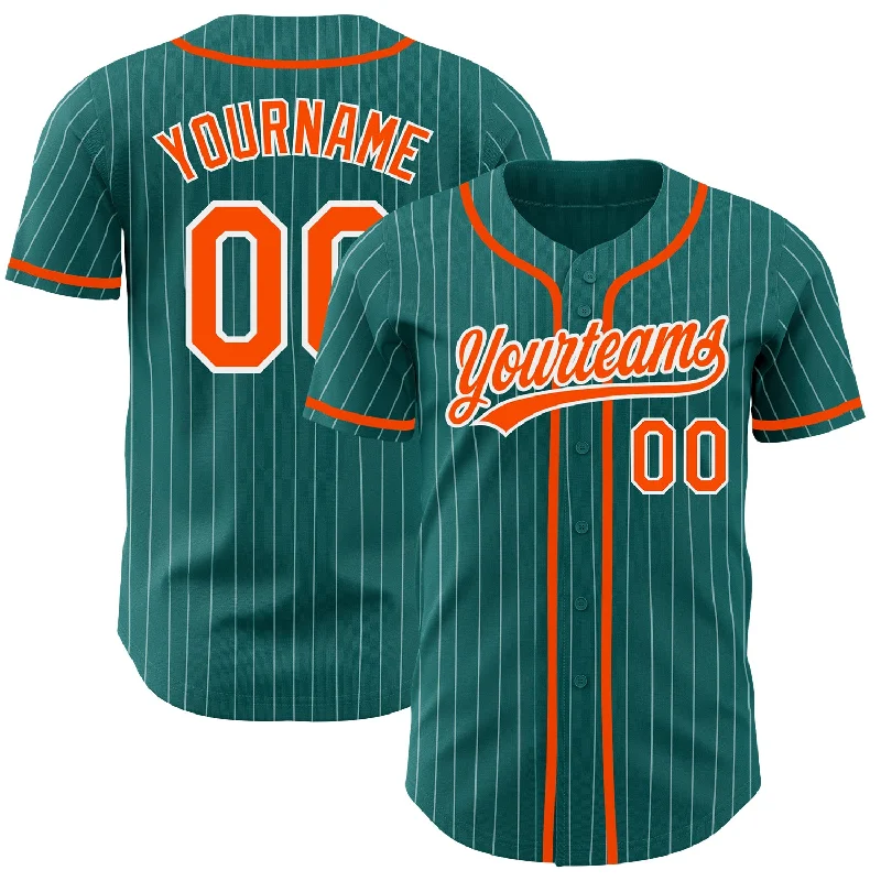 Custom Baseball Jerseys For Sponsorship Events-Custom Teal White Pinstripe Orange Authentic Baseball Jersey