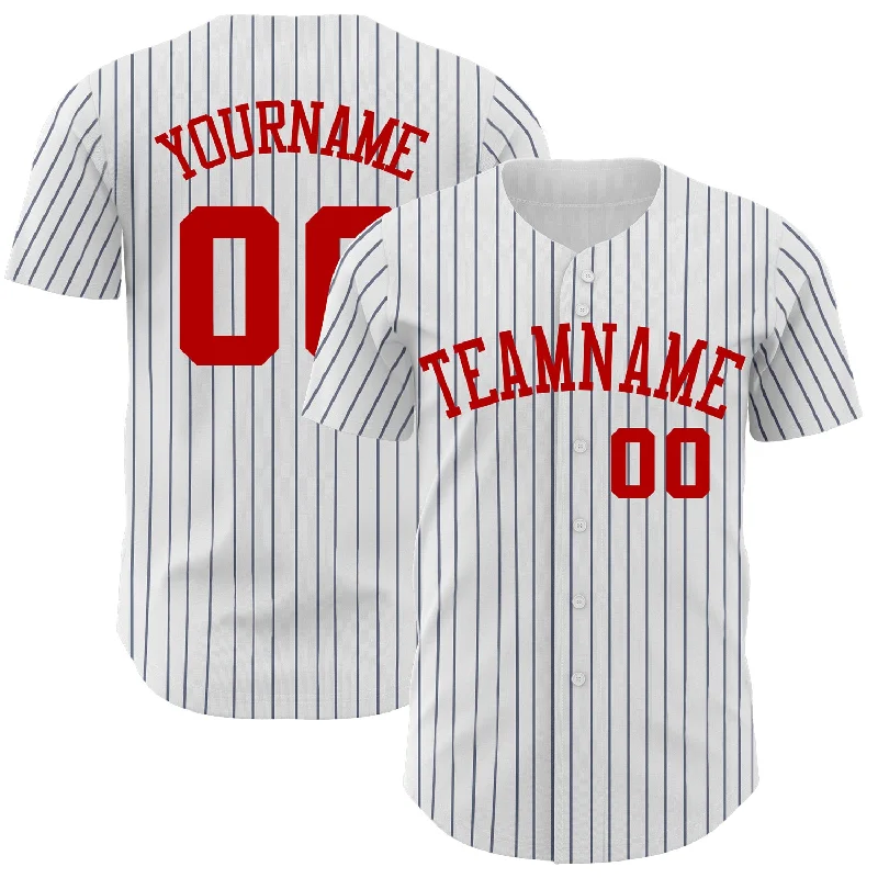 Baseball Jerseys With Custom Name Tags-Custom White Navy Pinstripe Red Authentic Baseball Jersey