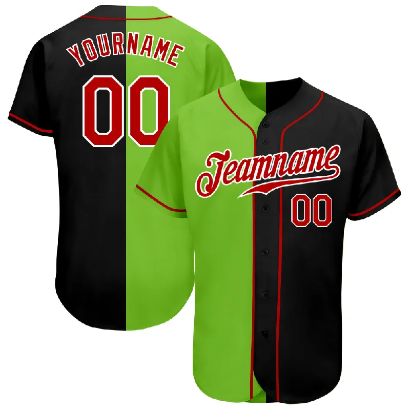 Custom Baseball Jerseys For Seasonal Leagues-Custom Black Red-Neon Green Authentic Split Fashion Baseball Jersey