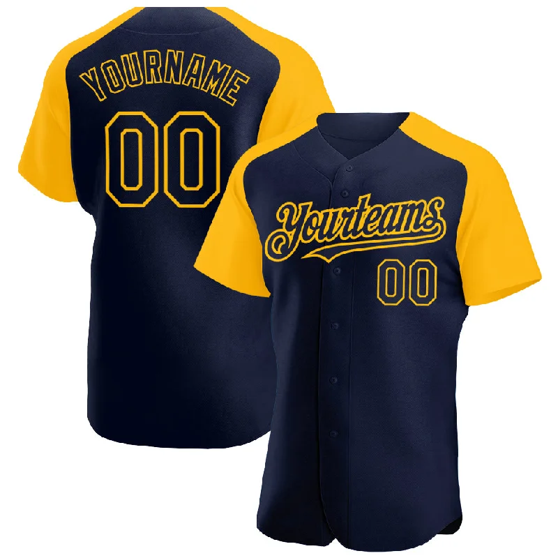 Baseball Jerseys With Custom Name Tags-Custom Navy Gold Authentic Raglan Sleeves Baseball Jersey