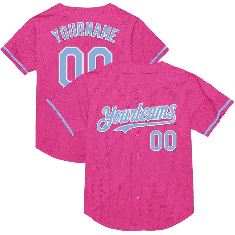 Custom Baseball Jerseys With Team Logos-Custom Pink Light Blue-White Mesh Authentic Throwback Baseball Jersey