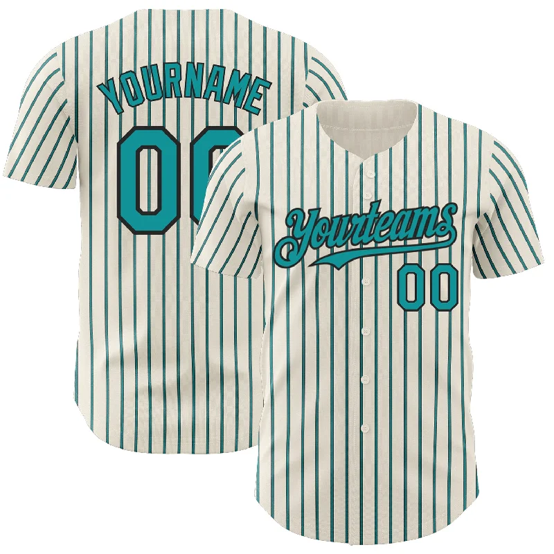 Personalized Baseball Jerseys For Tournaments-Custom Cream (Black Teal Pinstripe) Teal-Black Authentic Baseball Jersey