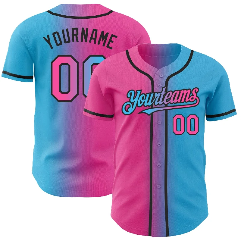 Personalized Baseball Jerseys For Family Teams-Custom Sky Blue Pink-Black Authentic Gradient Fashion Baseball Jersey