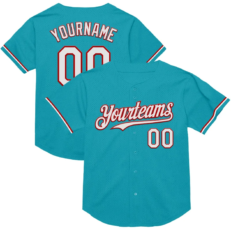 Custom Baseball Jerseys For Charity Tournaments-Custom Teal White-Red Mesh Authentic Throwback Baseball Jersey