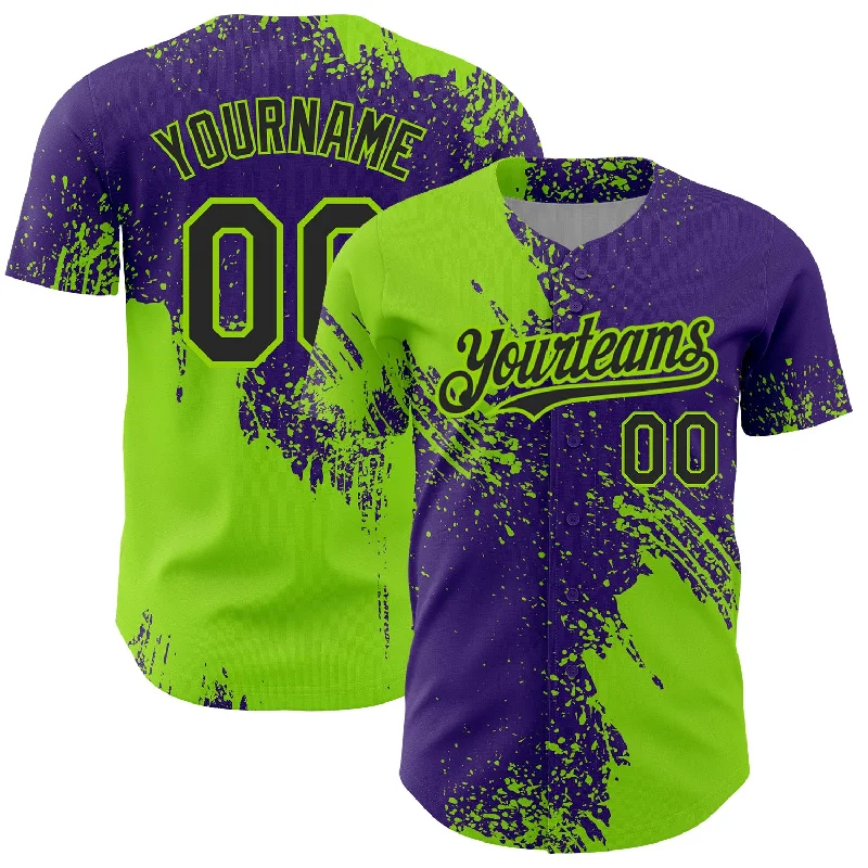 Custom Baseball Jerseys For Club Teams-Custom Neon Green Black-Purple 3D Pattern Design Abstract Brush Stroke Authentic Baseball Jersey