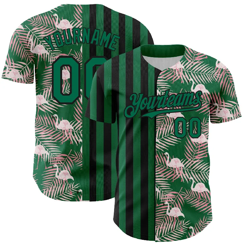 Baseball Jerseys For Tournaments & Leagues-Custom Kelly Green Black 3D Pattern Design Tropical Palm Leaves And Famingo Authentic Baseball Jersey