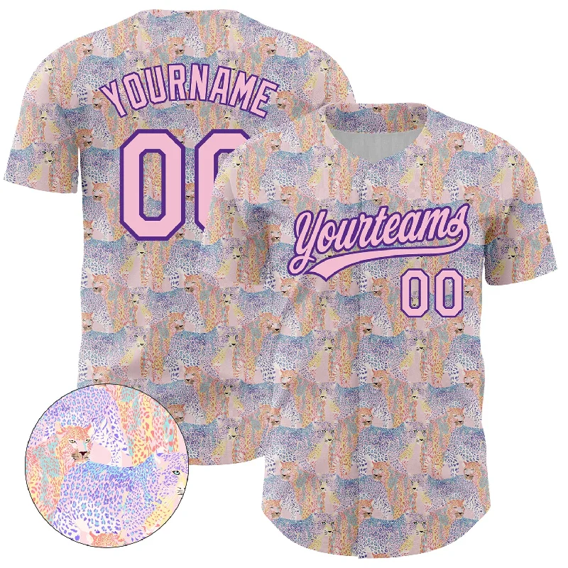 Personalized Baseball Jerseys For School Competitions-Custom Light Pink Purple 3D Pattern Design Animal Leopard Authentic Baseball Jersey