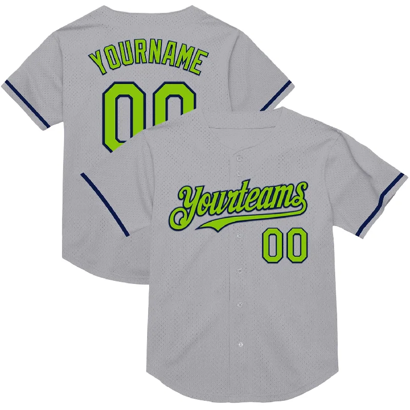 Personalized Baseball Jerseys For Large Groups-Custom Gray Neon Green-Navy Mesh Authentic Throwback Baseball Jersey