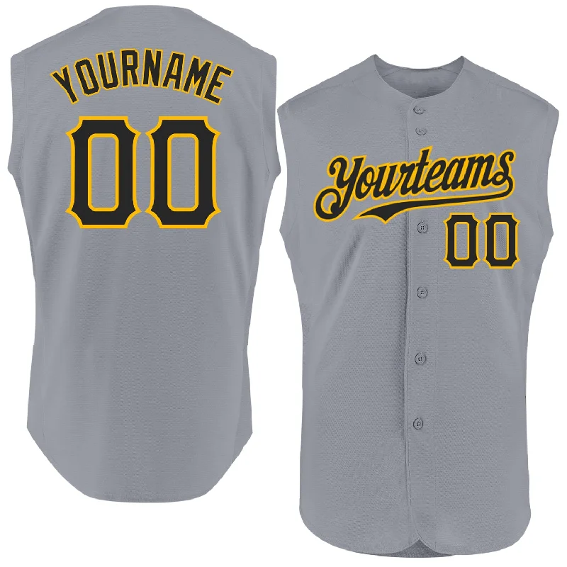 Custom Baseball Jerseys For School Competitions-Custom Gray Black-Gold Authentic Sleeveless Baseball Jersey