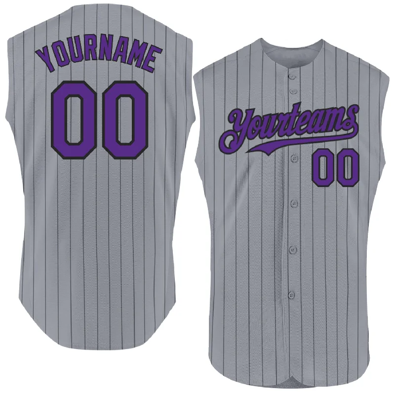 Baseball Jerseys For Youth & Junior Leagues-Custom Gray Black Pinstripe Purple Authentic Sleeveless Baseball Jersey