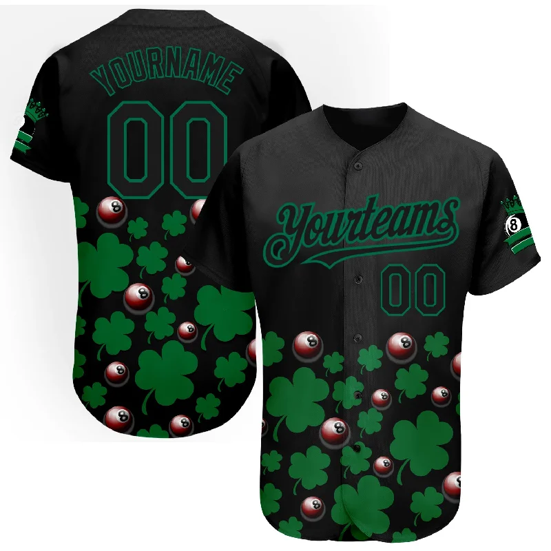 Personalized Baseball Jerseys For Off-Field Wear-Custom Black Green 3D Pattern Design Clovers And Billiards Balls St. Patrick's Day Authentic Baseball Jersey