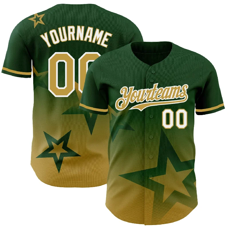 Custom Baseball Jerseys With Embroidered Names-Custom Green Old Gold-White 3D Pattern Design Gradient Style Twinkle Star Authentic Baseball Jersey