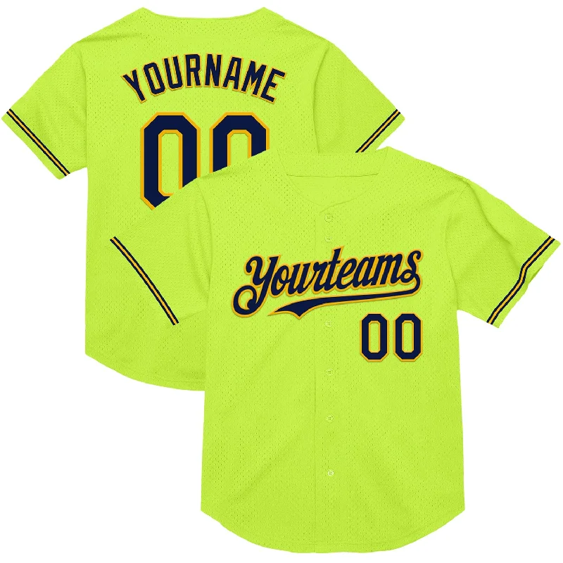 Baseball Jerseys With Custom Text-Custom Neon Green Navy-Gold Mesh Authentic Throwback Baseball Jersey