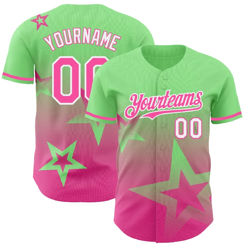 Custom Baseball Jerseys For Schools & Colleges-Custom Pea Green Pink-White 3D Pattern Design Gradient Style Twinkle Star Authentic Baseball Jersey