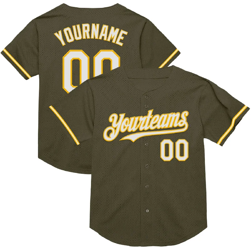 Personalized Baseball Jerseys For School Events-Custom Olive White-Gold Mesh Authentic Throwback Salute To Service Baseball Jersey