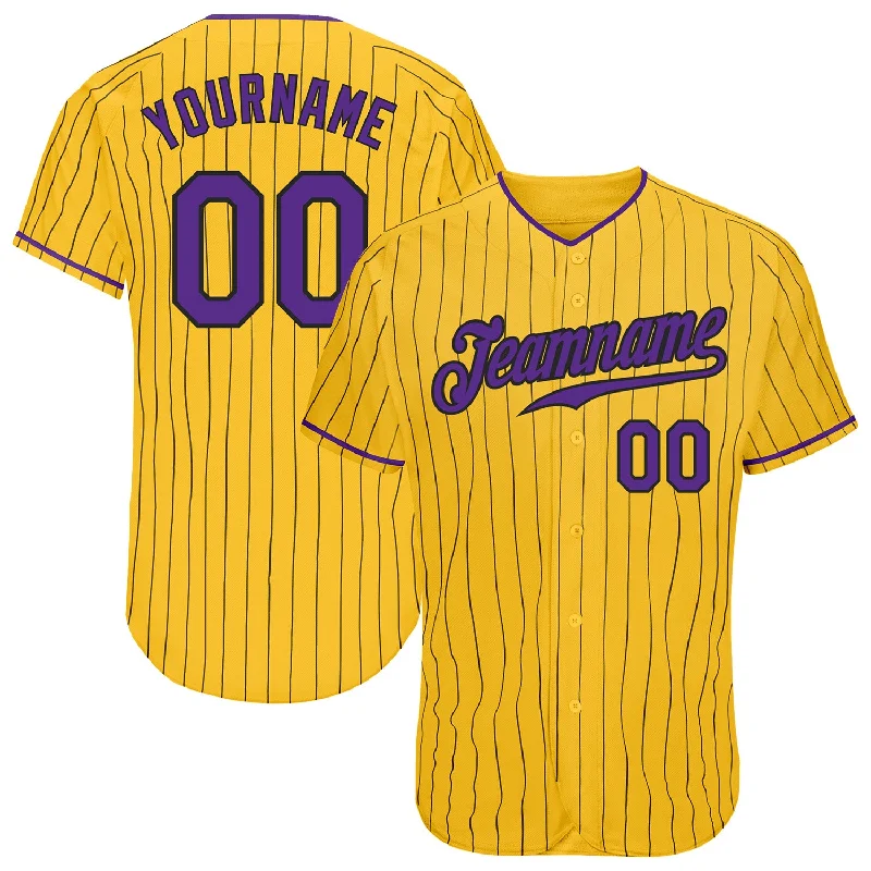 Custom Baseball Jerseys For Social Gatherings-Custom Yellow Black Pinstripe Purple-Black Authentic Baseball Jersey