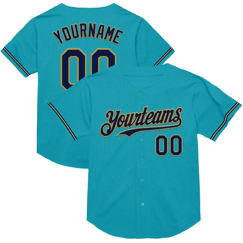 Personalized Baseball Jerseys For Team Traditions-Custom Teal Navy-Old Gold Mesh Authentic Throwback Baseball Jersey