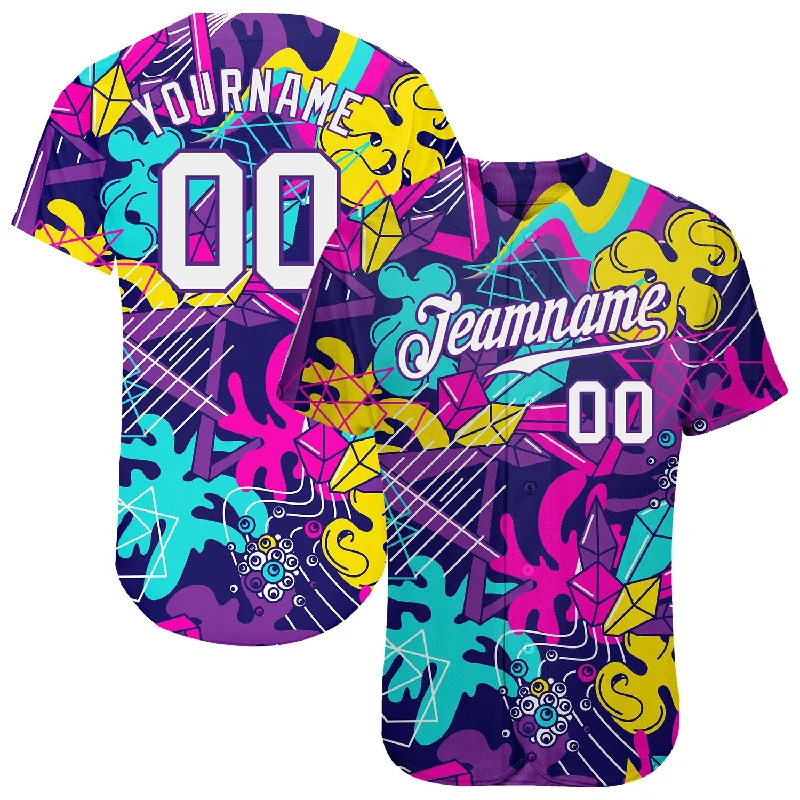 Baseball Jerseys With Player Numbers-Custom Graffiti Pattern White-Purple 3D Authentic Baseball Jersey