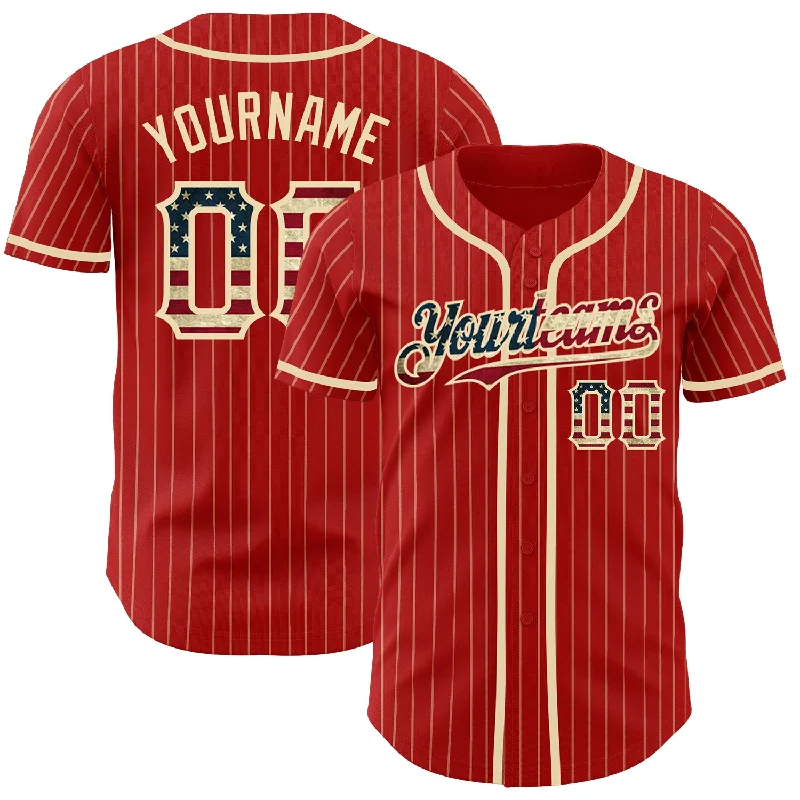 Personalized Baseball Jerseys For Player Appreciation-Custom Red Cream Pinstripe Vintage USA Flag Authentic Baseball Jersey