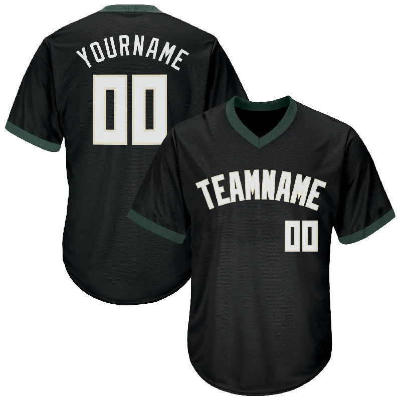 Custom Baseball Jerseys With Unique Designs-Custom Black White-Hunter Green Authentic Throwback Rib-Knit Baseball Jersey Shirt