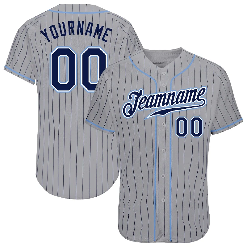 Personalized Baseball Jerseys For Fundraising Projects-Custom Gray Navy Pinstripe Navy-Light Blue Authentic Baseball Jersey