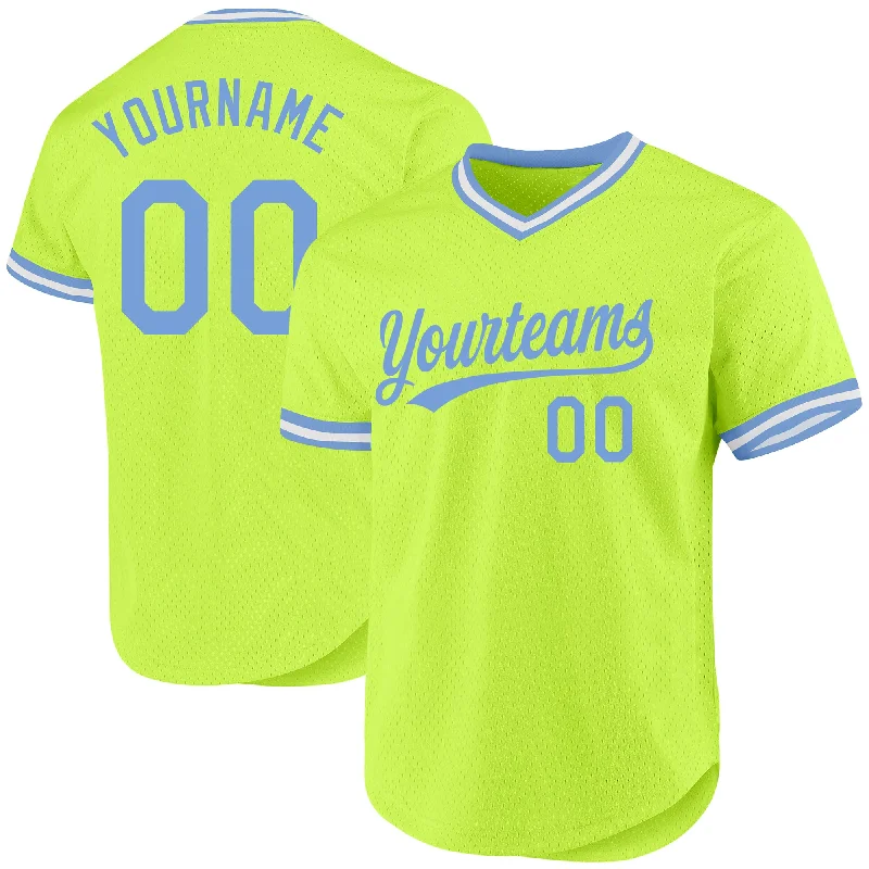 Baseball Jerseys With Player Numbers-Custom Neon Green Light Blue-White Authentic Throwback Baseball Jersey