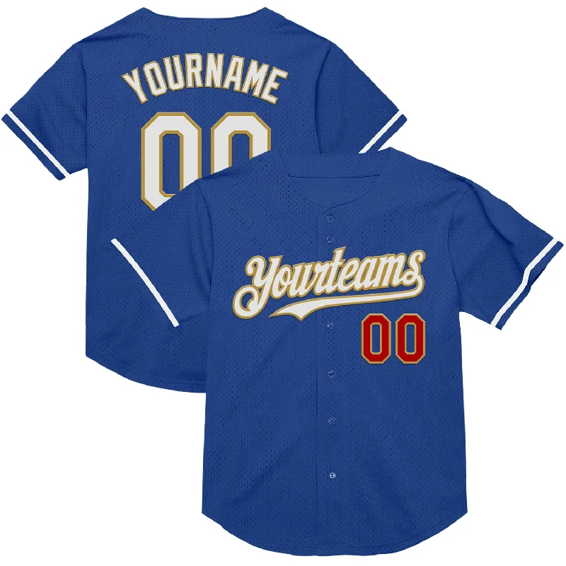 Baseball Jerseys For Community Support Events-Custom Royal Red-Old Gold Mesh Authentic Throwback Baseball Jersey