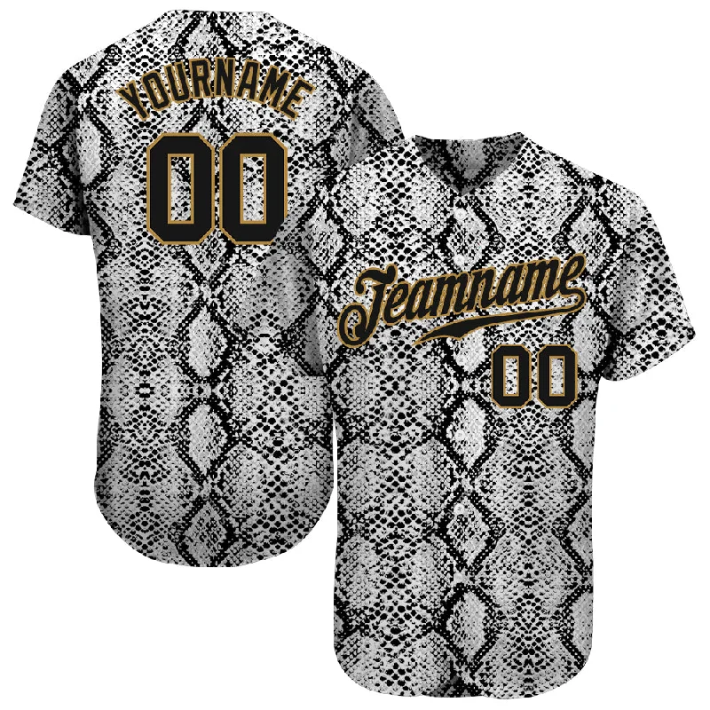 Personalized Baseball Jerseys For Local Supporters-Custom Black Snakeskin Black-Old Gold 3D Pattern Design Authentic Baseball Jersey