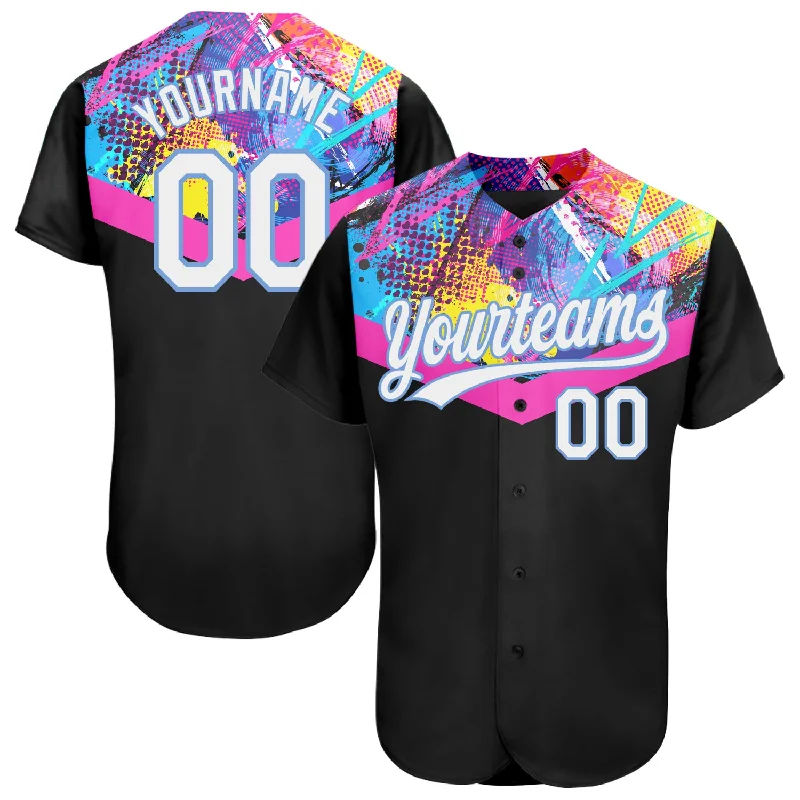 Personalized Baseball Jerseys For Player Appreciation-Custom Black White-Light Blue 3D Pattern Design Authentic Baseball Jersey