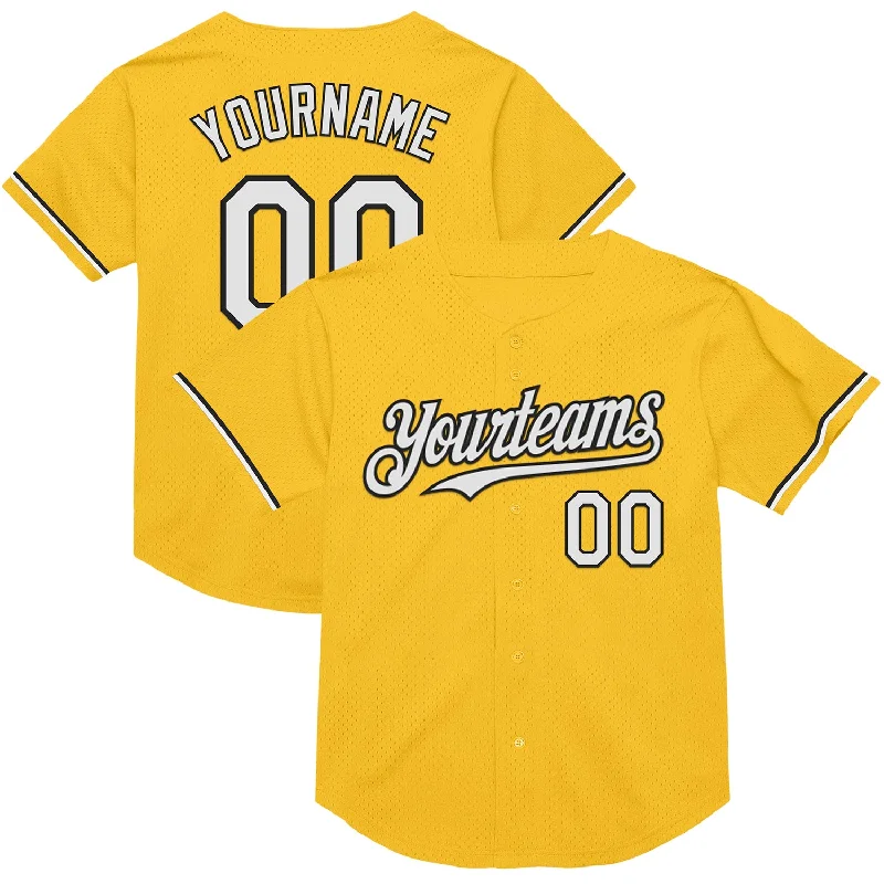 Custom Baseball Jerseys For Special Event Sponsorship-Custom Gold White-Black Mesh Authentic Throwback Baseball Jersey