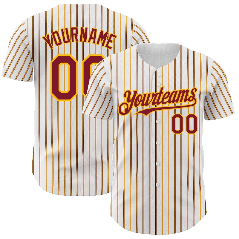 Baseball Jerseys With Custom Sleeve Printing-Custom White (Crimson Gold Pinstripe) Crimson-Gold Authentic Baseball Jersey