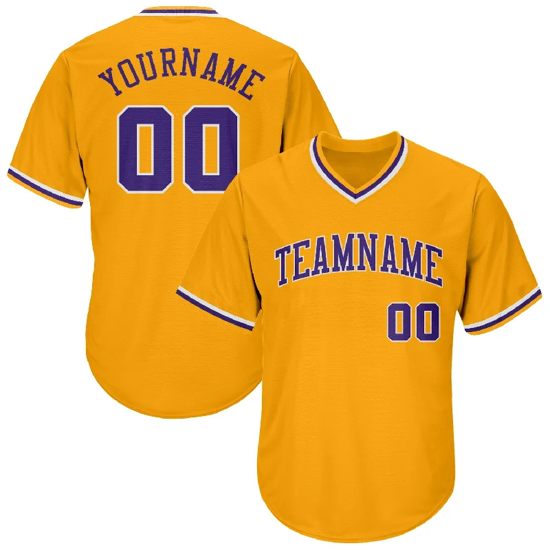 Custom Baseball Jerseys For Team Sponsorship-Custom Gold Purple-White Authentic Throwback Rib-Knit Baseball Jersey Shirt