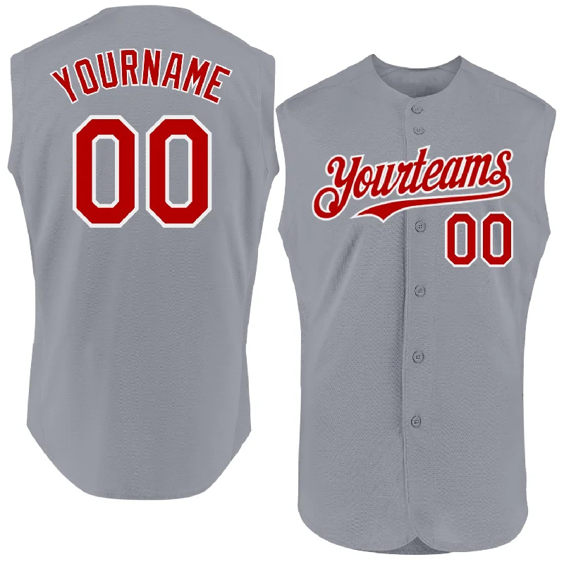 Baseball Jerseys With Custom Fonts & Numbering-Custom Gray Red-White Authentic Sleeveless Baseball Jersey