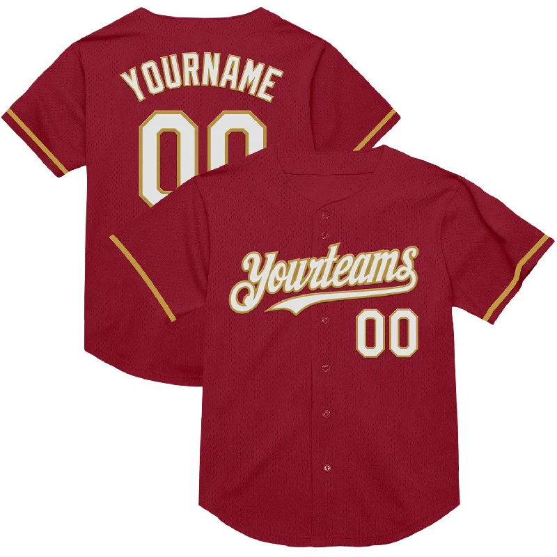 Personalized Baseball Jerseys For Tournament Winners-Custom Maroon White-Old Gold Mesh Authentic Throwback Baseball Jersey