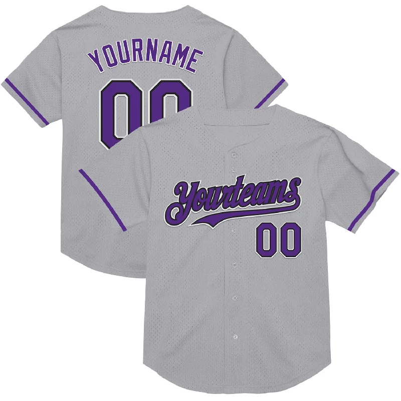 Personalized Baseball Jerseys For Players-Custom Gray Purple-Black Mesh Authentic Throwback Baseball Jersey