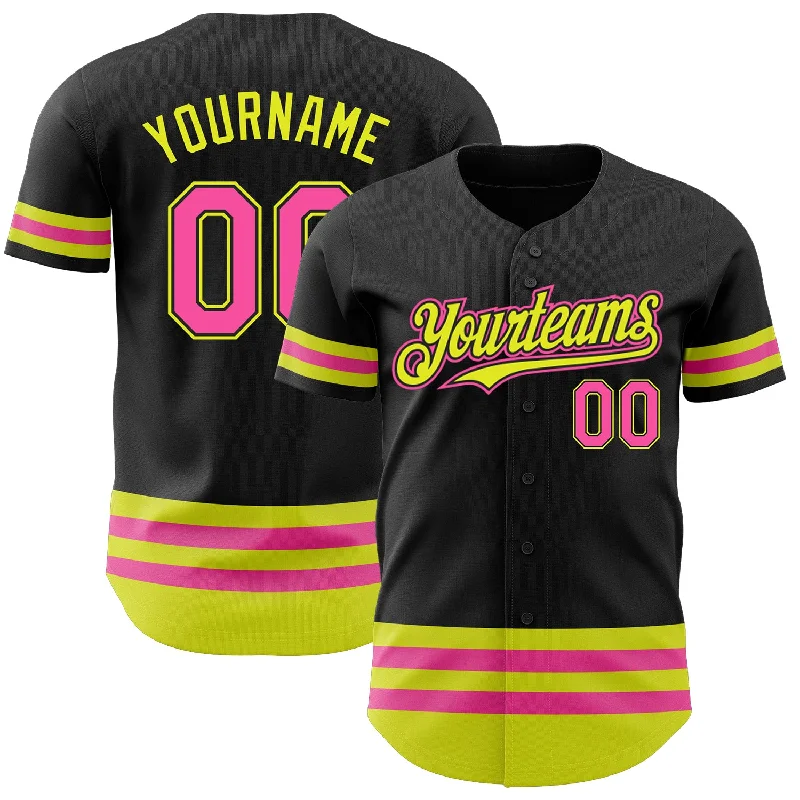 Baseball Jerseys For School Competitions-Custom Black Pink-Neon Yellow Line Authentic Baseball Jersey