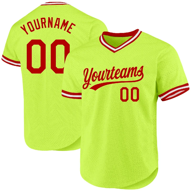 Custom Baseball Jerseys For Leagues-Custom Neon Green Red-White Authentic Throwback Baseball Jersey