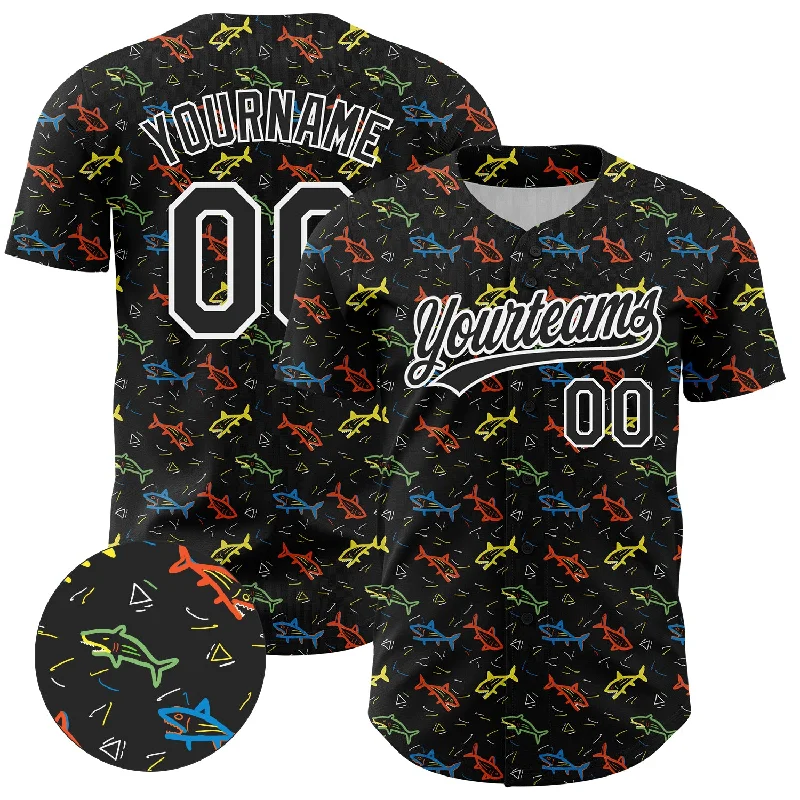 Personalized Baseball Jerseys For Competitive Teams-Custom Black White 3D Pattern Design Animal Fish Authentic Baseball Jersey