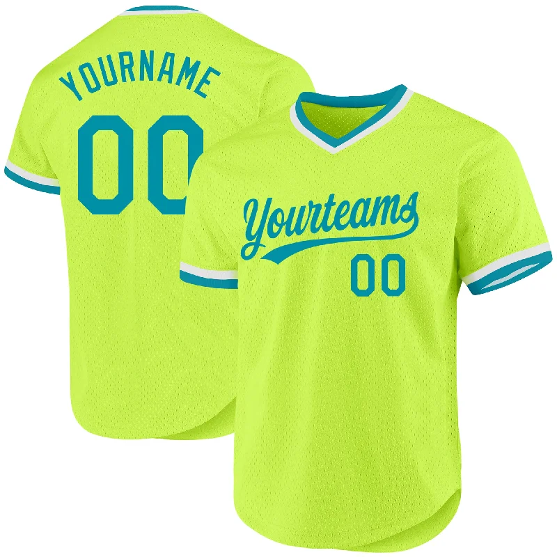 Personalized Baseball Jerseys For Tournament Events-Custom Neon Green Teal-White Authentic Throwback Baseball Jersey