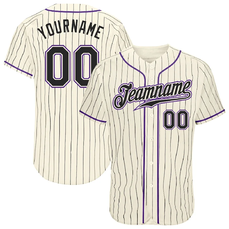 Personalized Baseball Jerseys For Special Teams-Custom Cream Black Pinstripe Black-Purple Authentic Baseball Jersey