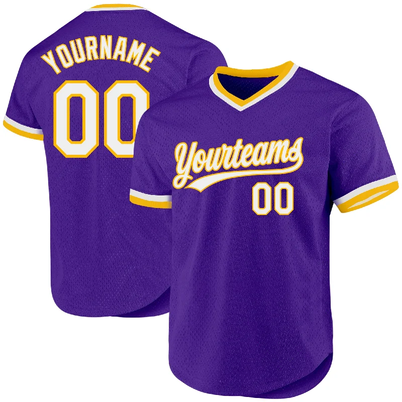 Custom Baseball Jerseys For Club Teams-Custom Purple White-Gold Authentic Throwback Baseball Jersey