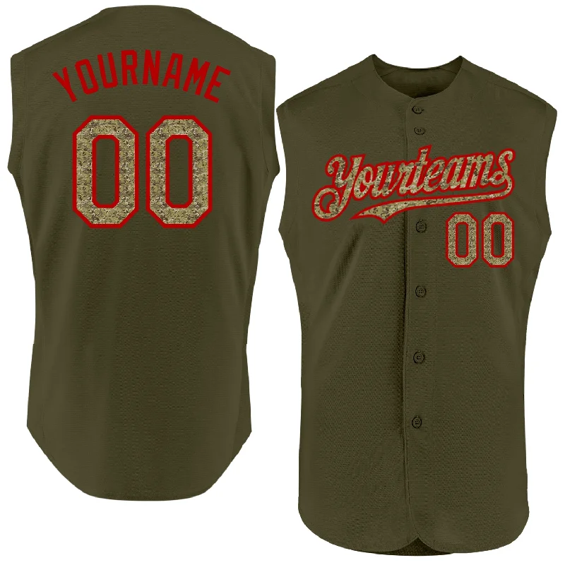 Custom Baseball Jerseys For Group Orders-Custom Olive Camo-Red Authentic Sleeveless Salute To Service Baseball Jersey